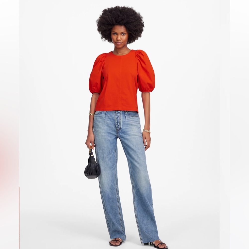Madewell puff sleeve tee shirt blouse bright flame red orange size M new